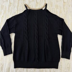 VENUS Black Cold Shoulder Sweater with Gold Accents